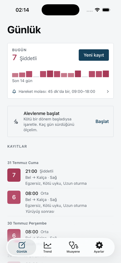 Günlük ekranı: bugünün skoru, son 14 günün şeridi ve kayıt listesi