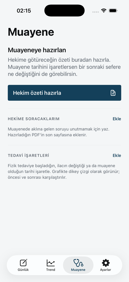 Muayene ekranı: hekim özeti hazırlama, sorular ve tedavi işaretleri